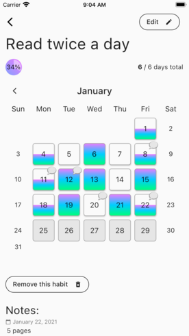 Habit Challenge app monthly view